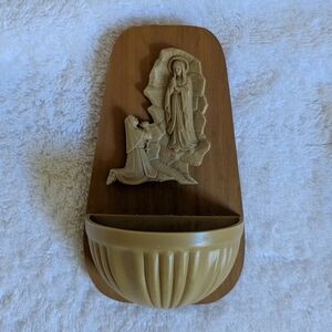 Vintage MCM Religious Our Lady Of Lourdes Holy Water Font Wood Celluloid Italy